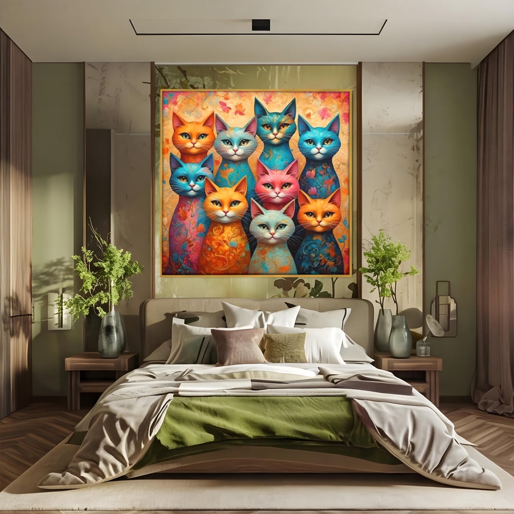 Tablou canvas cu tablou canvas cu opt pisici colorate, in rama de aluminiu auriu, pe perete intr-un dormitor